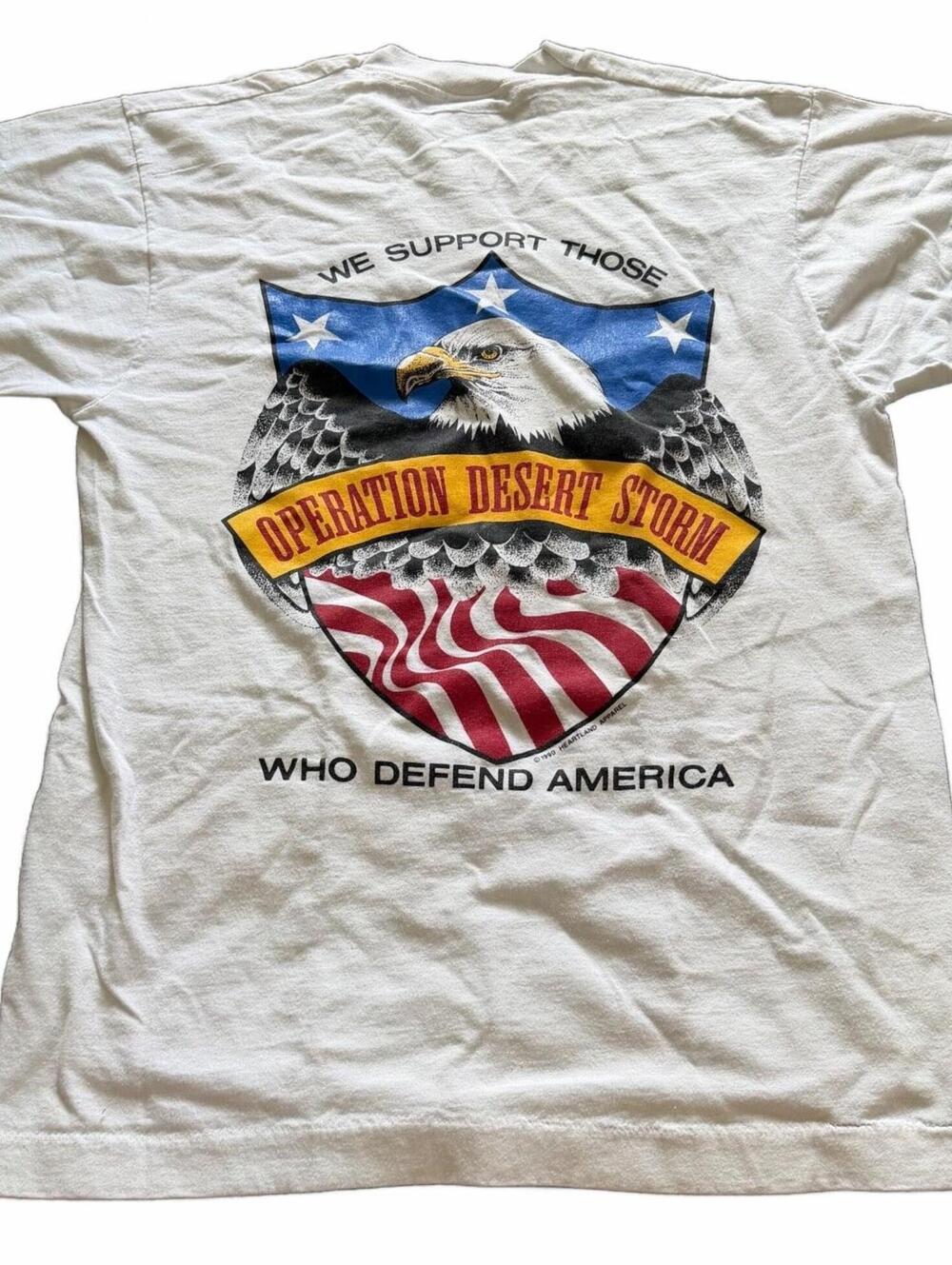 Vintage 1990 Operation Desert Storm POW MIA White Graphic T-Shirt Large